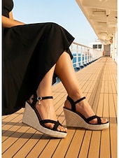 economico Sandali con zeppa-sandali con zeppa espadrillas neri da donna - eleganti tacchi a spillo con cinturino incrociato e fibbia alla caviglia &amp;fascino per vacanze in crociera, cene formali sul ponte &amp;abbigliamento da resort