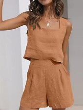 economico Abiti da donna con camicetta-Per donna Set di Pantaloncini Senza Maniche Collo quadrato Tinta unica Moda Streetwear Casuale Quotidiano All'aperto Blu Nero Giallo Estate Vestibilità regolare