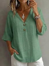tanie Podstawowe fałszywe koszule-Damskie Bluzka Koszula z imitacji lnu Guziki Jednokolorowe Codzienny Elegancki Podstawowy Rękaw 3/4 W serek Zwykłe topy Codzienny Niebieski Biały Żółty Zielony Szary Lato Wiosna Jesień