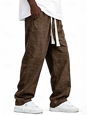 cheap Classic-Men's Linen Pants Trousers Summer Pants Baggy Pants Pocket Elastic Waist Straight Leg Solid Color Comfort Comfortable Full Length Casual Daily Holiday Vacation Fashion Blue Black Inelastic