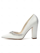 cheap Bride-Women's Nude Chunky Heeled Wedding Shoes with Crystal Detail - Elegant Bridal Heels for Garden Weddings