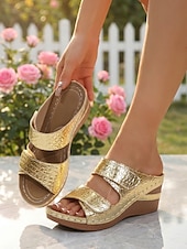 economico Sandali con zeppa-sandali con zeppa dorati da donna – comode scarpe con velcro in rilievo coccodrillo per viaggi, spiaggia e abbigliamento casual