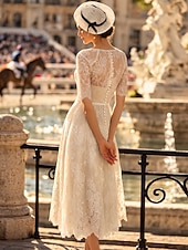 abordables Longitud a la altura del tobillo-Corte A Vestido Midi Vestidos de novia Vestidos para la despedida de soltera Vestido de novia Vestidos Blancos Vestidos Novia en Color Media Manga Escote de ilusión Graduación Cumpleaños Encaje con