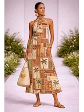 economico Abiti Boho-Per donna Abito Midi Vestito Casual Abiti Boho Chic Bohemien Vacanza Tropicale Spiaggia Ferie Data Vestibilità regolare Grafico Tropicale Senza Maniche All'americana Arancione Estate Primavera