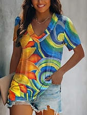  Damen T Shirt Druck Farbblock Sonnenblume Vintage Lässig Boho Kurzarm V Ausschnitt Normale Oberteile Täglich Blau Wein Königsblau Orange Grün Sommer Frühling