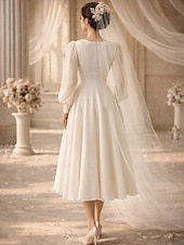 ieftine Rochii albe mici-Linia -A Lungime Gleznă Rochița albă mică Rochii de petrecere Rochii de petrecere a burlacilor Rochie de mireasă Elegant Zilnic Mâneci stil Episcop Manșon Lung În V Absolvire Gril pe Kamado  Șifon cu