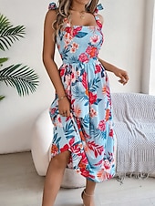 cheap Casual Floral Dresses-Women's Midi Dress Beach Dress A Line Dress Floral Dress Slip Dress Elegant Fashion Modern Outdoor Beach Vacation Regular Fit Floral Sleeveless Square Neck Blue Yellow Green Summer Spring