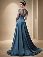 ieftine Lungimea podelei-Trompetă  Sirenă Mătura Trenă Rochie pentru invitata de nunta Rochie formala Rochie de seara Rochie Mama Miresei Manșon Lung Bijuterie Elegant Invitat la nunta Seară Formală Satin întins cu Dantel