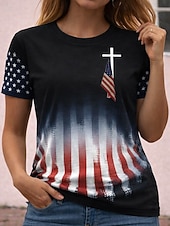  Ημέρα Αμερικανικής Ανεξαρτησίας Γυναικεία Μπλουζάκι Στάμπα Γραφική Γράμμα Αμερικάνικη σημαία Στυλάτο Κλασσικό Καθημερινό Κοντομάνικο Στρογγυλή Ψηλή Λαιμόκοψη Κανονικά μπλουζάκια Καθημερινά Μαύρο