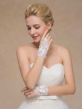 baratos Casamento ACC-Luvas femininas de renda até o pulso, confeccionadas em poliéster, um elegante acessório para noivas, ideal para casamentos, festas e ocasiões especiais.