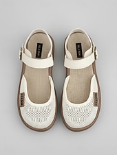 economico Ballerine da donna-Sandali Mary Jane da donna beige in rete – sandali traspiranti e leggeri con cinturino regolabile, scarpe estive casual per viaggi, giardino e uso quotidiano