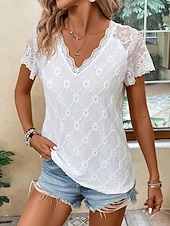 billige Blonder topper-Dame Skjorte Pointelle-skjorte Øyetopp Bluse Blonde عادي Stilfull Grunnleggende Klassisk Kortermet V-hals Vanlige topper Avslappet Daglig Strand Hvit Sommer Vår