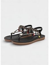 abordables Sandalias Planas-Sandalias bohemias con cuentas y flecos en el tobillo para mujer: zapatos de playa planos y cómodos para vacaciones, resorts, festivales y viajes informales.