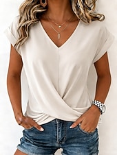 economico T-shirt semplice-Per donna Maglietta Arricciato Semplice Moda Elegante Classico Manica Corta Scollo a V Top Regolari Quotidiano Uscire Weekend Blu Nero Bianco Vino Rosso Estate Primavera