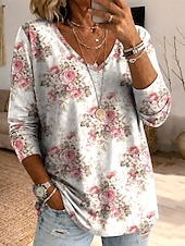 economico T-shirt floreale-Per donna Maglietta Stampato Floreale Grafico Piante Vintage Elegante Classico Manica Lunga Scollo a V Top lunghi Quotidiano Blu Bianco Viola chiaro Verde Estate Primavera