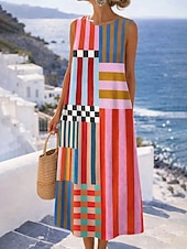 baratos Vestidos Florais-Mulheres Vestido midi Vestido de turno Vestidos Para o Verão Vestido A Line Férias Casual Boho Praia Festa Normal Floral Gráfico Sem Manga Gola Redonda Azul Amarelo Rosa Vermelho Verão Primavera