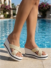 cheap Women-Women's Chic White Woven Wedge Sandals - Comfortable Criss-Cross Platform Slides for Luxury Hotel Poolside, Beach Resorts &amp; Summer Vacation Outfits