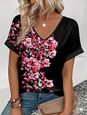 abordables Camiseta floral-Mujer Camiseta Estampado Floral Graphic Vintage Elegante Clásico Manga Corta Escote en Pico Tops regulares Diario Fin de semana Ropa de vacaciones Azul Piscina Rojo Morado Verde Trébol Verano