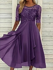preiswerte Chiffonkleider-Damen Midikleid Spitzenkleid Cocktailkleid Kleid für Hochzeitsgäste Chiffonkleid Elegant Formell Party Hochzeit Normale Passform Halbarm Rundhalsausschnitt Blau Rosa Wein Dunkelgrün Sommer