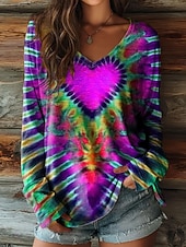 preiswerte Kunst &amp; Design T-Shirt-Damen T Shirt Druck Herz Grafik Batik Bohemien Vintage Ethnisch Langarm V Ausschnitt Normale Oberteile Täglich Blau Gelb Rote Purpur Grün Sommer Frühling Herbst