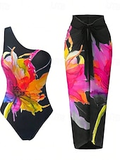 baratos Fatos de Banho 1 Peça-Mulheres Roupa de Banho 2 partes Monoquíni Saia roupa de banho Compressão abdominal Cintura Alta Delgado Frente Única Férias Roupa de Praia Floral Pescoço Assimétrico Sem Manga Fatos de banho
