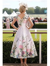 abordables Longitud del té-Corte A Vestido Midi Vestido de Fiesta Vestido Cóctel Vestido Invitada Boda Vestido de Madrina Correas Cuello Barco Elegante El derby de Kentucky Satén con Estampado flor