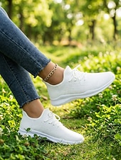 cheap Women's Sneakers-Women's White Knit Sneakers – Lightweight Breathable Lace-Up Design Sport Shoes, Casual Walking Shoes for Gym, Travel and Everyday Wear