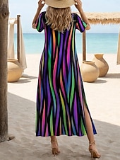 preiswerte Streifen- und geometrische Kleider-Damen Maxikleid A Linie Kleid Lässig Täglich Normale Passform Geometrisch Kurzarm V Ausschnitt Schwarz Weiß Orange Grün Sommer Frühling