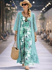 abordables Vestido Floral-Mujer Conjunto de vestido Vestido de una línea Elegante Vacaciones Floral Graphic Multi capa Estampado Vestido maxi Manga 3/4 Escote en Pico Diario Fiesta Azul Piscina Rosa Morado Verano Primavera