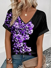 abordables Camiseta floral-Mujer Camiseta Estampado Floral Graphic Vintage Elegante Clásico Manga Corta Escote en Pico Tops regulares Diario Fin de semana Ropa de vacaciones Azul Piscina Rojo Morado Verde Trébol Verano