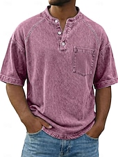 ieftine tricouri de bază-Bărbați Tricou Cămașă Demin Cămașă de spălat cu acid 100% bumbac Manșon scurt Guler de stand Henley Toamna iarna Primăvară Toamnă Simplu Epocă Șic Stradă Casual Buzunar Vopsit în haine Spălat Casual