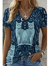 baratos Camiseta de Arte &amp; Design-Camiseta feminina com estampa gráfica de desenho episódico, estilo vintage, clássica, manga curta, decote em V, tops regulares para uso diário, esportes, passeios, azul, primavera, outono e inverno.