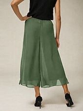  Damen Weites Bein Chinos Elegant Wadenlang Mittlere Taillenlinie Dehnbar Schiefergrün Sommer Frühling Herbst