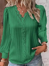 voordelige Kant Tops-Women's Lace Shirt Blouse Lace Patchwork Solid Color Stylish Casual Long Sleeve V Neck Regular Tops Daily Blue Black White Yellow Red Spring Fall