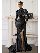 billiga Ballgowns för kvällsbruk-Sjöjungfru trumpet Svepsläp Telång Kvälls klänningar Balklänning med överkjol Formell klädsel Elegant Sidoslits Silkig Långärmad Hög hals Formell Satäng Paljetter med Pärldetaljer Paljett