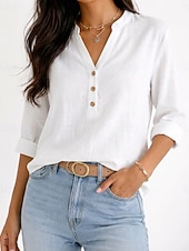abordables Blusas Sencillas-Mujer Blusa Botones Color sólido Vintage Diario Elegante Manga Larga Escote en Pico Tops largos Diario Azul Piscina Negro Blanco Morado Verde Trébol Verano Primavera Otoño