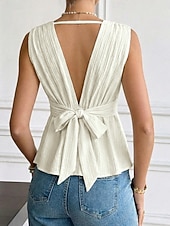 abordables Tanque Sencillo-Mujer Camiseta sin mangas Frunce Plano Elegante Moda Clásico Sin Mangas Manga Corta Escote en Pico Tops regulares Diario Noche Fin de semana Albaricoque Verano Primavera