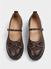 voordelige Platte damesschoenen-Vintage bruine Mary Jane ballerina's voor dames - comfortabele ballerina's met ronde neus en een schattig strikje. &amp;Stevige profielzool voor kantoorwerk en dagelijkse vrijetijdskleding. &amp;schoolmode