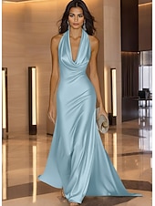 abordables Robes de soirée fourreau-Ligne A Traîne Balayage Robes de Bal Robe de Soirée Tenue de soirée Élégant Style Célébrité Soyeux Sans manches Col Bénitier Fête de jardin Mariage Satin Pailleté avec Froncé