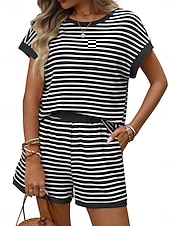 cheap Women's Blouse Suits-Women's Two Piece Sets Shorts Sets Short Sleeve Crew Neck Striped Fashion Streetwear Casual Daily Outdoor Black Pink Dark Pink Summer Regular Fit