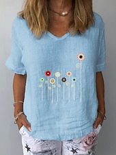 preiswerte Hemden-Damen Baumwoll Mischung T Shirt Druck Grafik Pflanzen Mode Stilvoll Klassisch Kurzarm V Ausschnitt Normale Oberteile Täglich Ausgehen Wochenende Weiß Gelb Tintenblau Grau Leicht Blau Sommer Frühling