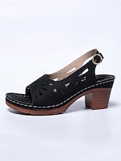 abordables Sandalias de tacón-Sandalias de tacón abierto con aberturas para mujer: sandalias de piel sintética beige con tacón grueso para salidas de verano, fiestas en el jardín y elegancia diaria.