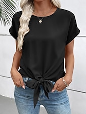 abordables T-shirt uni-Femmes T-shirt Nœud Uni Mode Élégant Classique Manche Courte Col ras du cou Hauts Réguliers Quotidien Sortir Week-end Noir Blanche Vin Marron Beige Été Printemps