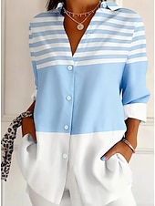 abordables Blusas a rayas y geométricas-Mujer Camisa Blusa Retazos Botones Estampado Graphic Geométrico Plaid Vintage Tropical Diario Manga Larga Cuello Camisero Tops regulares Diario Azul claro Verano Primavera