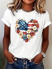  Dia da Independência Americana Mulheres Camiseta Imprimir Coração Gráfico Vintage à moda Clássico Manga Curta Gola Redonda Tops longos Diário Azul Preto Branco Vermelho Verão Primavera