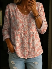 cheap Floral Blouses-Women's Blouse Buttons Print Floral Graphic Elegant Vacation Vintage Long Sleeve Crew Neck Regular Tops Daily Yellow Pink Purple Fuchsia Orange Summer Spring Fall