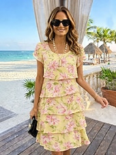 Χαμηλού Κόστους Floral φορέματα-Γυναικεία Φόρεμα μέχρι το γόνατο Φόρεμα ριχτό Καλοκαιρινό φόρεμα Διακοπές Μπόχο Στυλ Παραλίας Ημερομηνία Κανονικό Φλοράλ Γραφική Κοντομάνικο Στρογγυλή Ψηλή Λαιμόκοψη