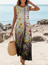cheap Art&amp;Design Dress-Women's Midi Dress Faux Cotton Linen Shift Dress Sundress Casual Dress Vintage Daily Outdoor Vacation Regular Fit Floral Sleeveless Crew Neck Purple Summer Spring