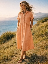 voordelige Essentiële Faux Jurken-midi-jurk voor dames, jurk van imitatie linnen, overhemdjurk, casual jurk, A-lijn jurk, modieuze moderne jurk voor dagelijks gebruik, vakantiejurk, losse pasvorm, gestreepte jurk met korte mouwen,