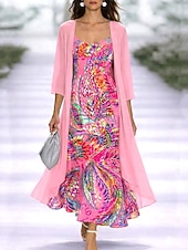 abordables Vestido Floral-Mujer Conjunto de vestido Vestido de una línea Elegante Vacaciones Floral Graphic Multi capa Estampado Vestido maxi Manga 3/4 Escote en Pico Diario Vacaciones Rosa Morado Verano Primavera Ajuste